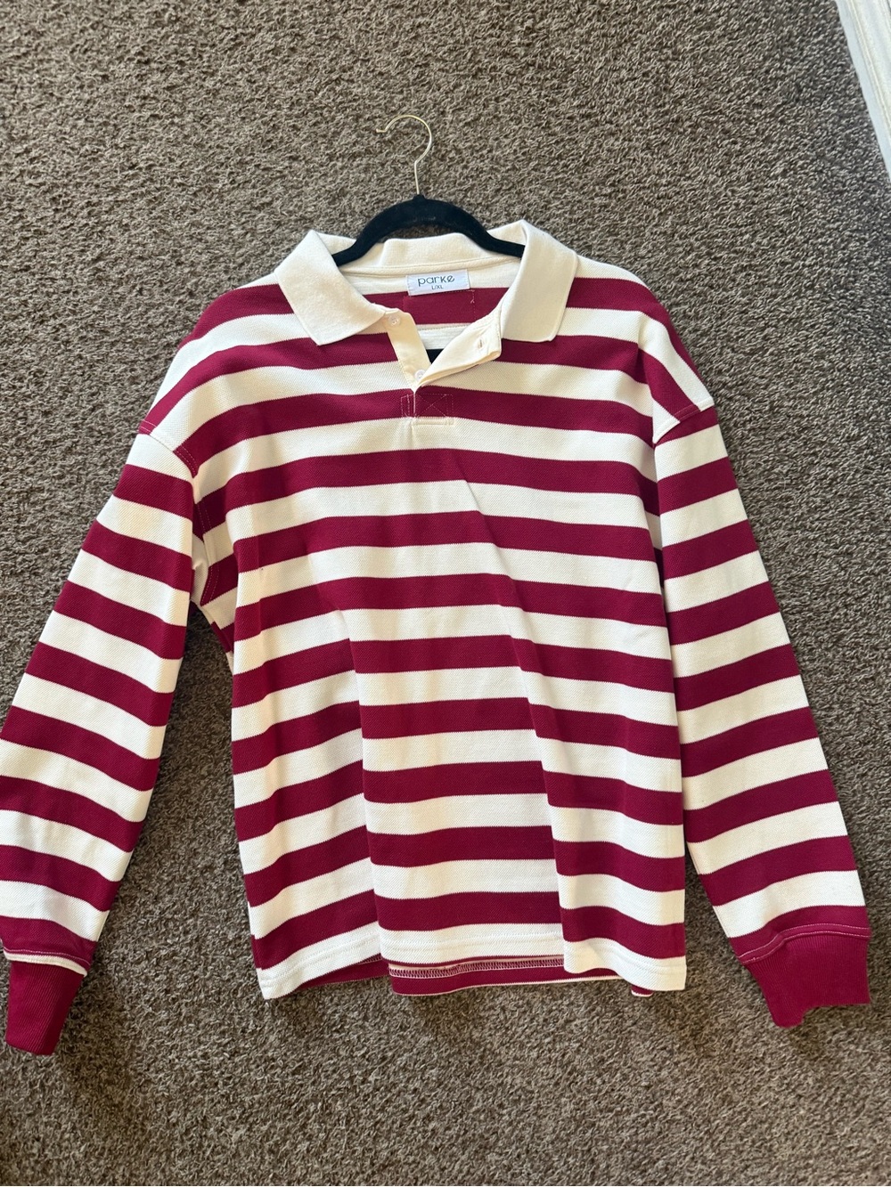 Parke Women's Burgundy and Cream Striped Rugby Polo